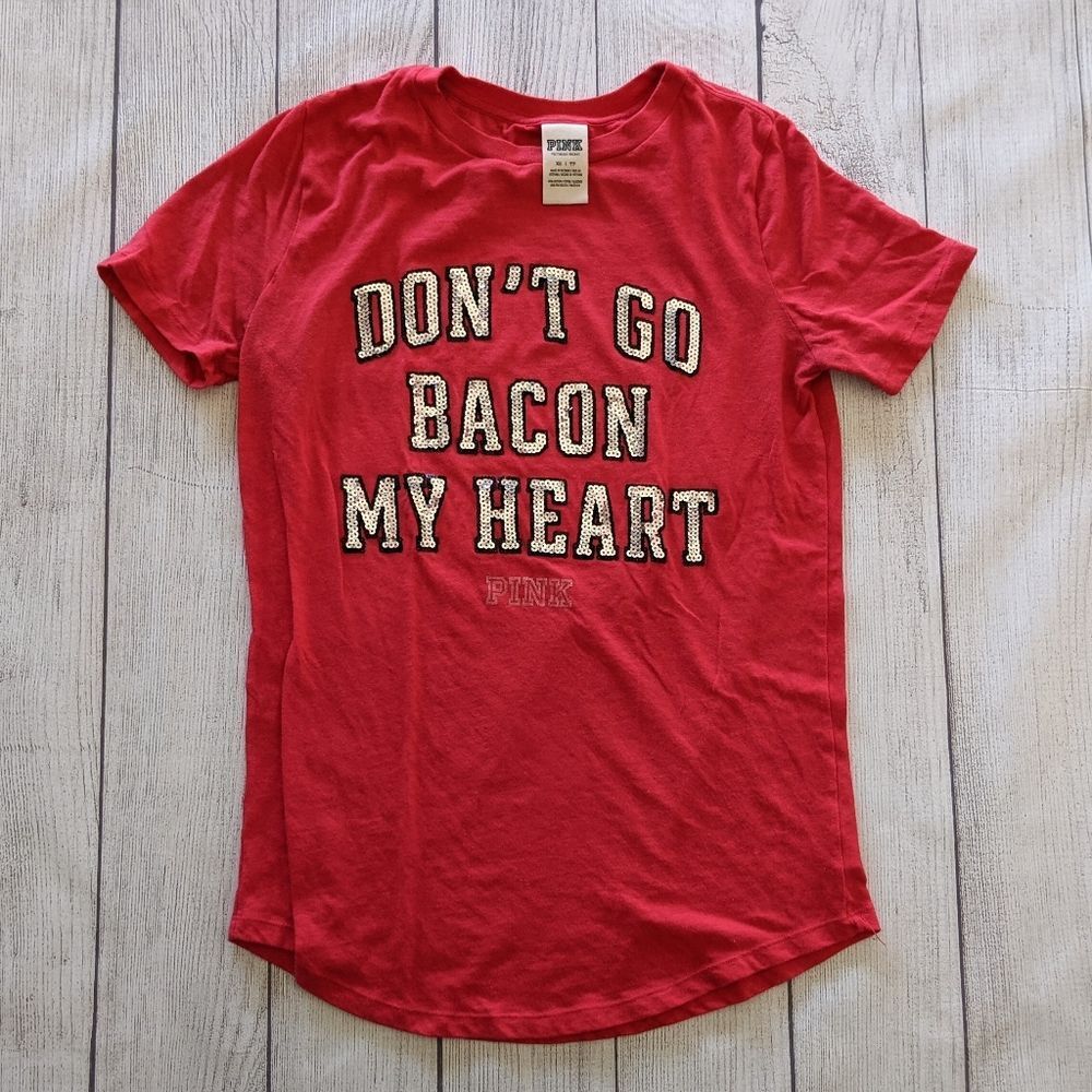 PINK by VS red don't go bacon my heart sequin top